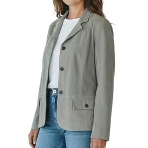 Chico’s Light Gray Suede Leather Jacket Size 3 Soft Neutral Button Front XL